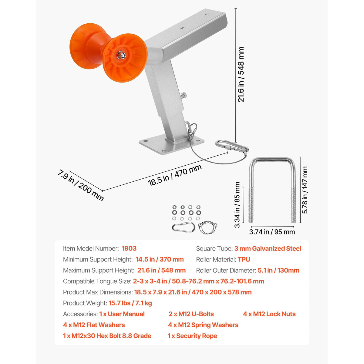 Boat Trailer Winch Stand with Roller, Adjustable Height 14.3-21.6 Inches, Boat Winch Mount with U-Bolts for 2-3 Inches W x 3-4 Inches H Trailer Tongue, Fit for Jet Ski, Sailboat, Speedboat