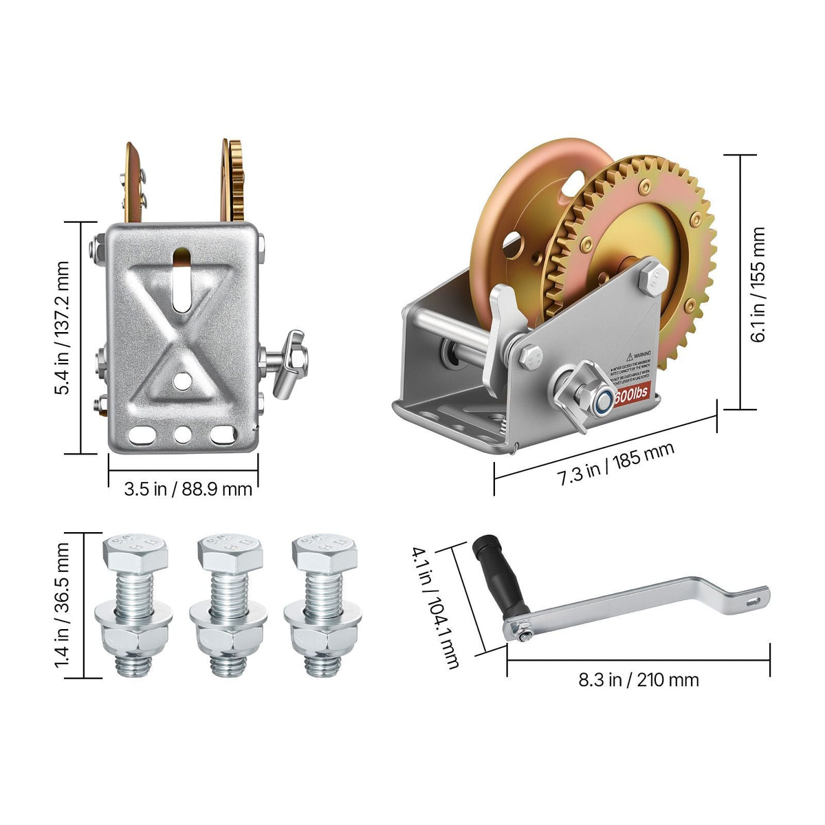 Boat Winch, 1600 lbs Hand Winch, Heavy Duty Manual Rope Crank, Portable Two-Way Ratchet, 4: 1 Gear Ratio, Easy Installation Gear for Boat Trailer ATV Towing