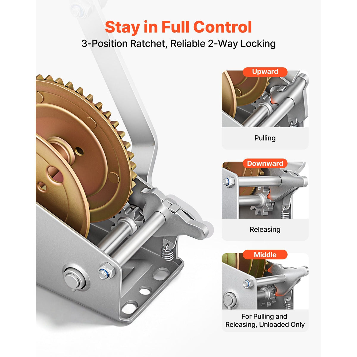 Boat Winch, 1600 lbs Hand Winch, Heavy Duty Manual Rope Crank, Portable Two-Way Ratchet, 4: 1 Gear Ratio, Easy Installation Gear for Boat Trailer ATV Towing