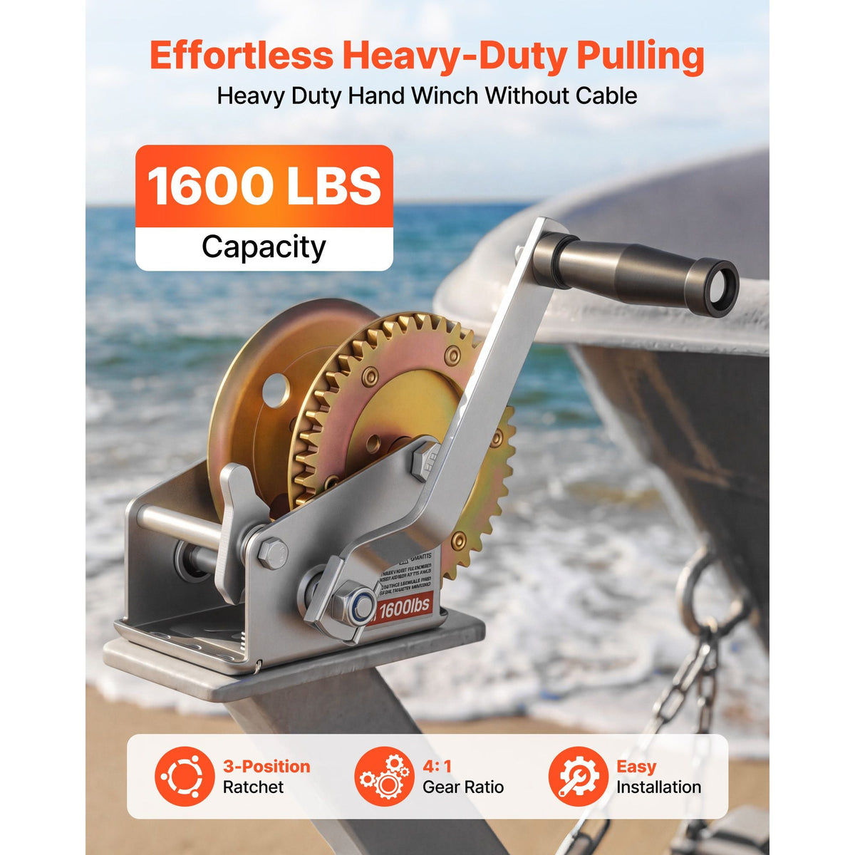 Boat Winch, 1600 lbs Hand Winch, Heavy Duty Manual Rope Crank, Portable Two-Way Ratchet, 4: 1 Gear Ratio, Easy Installation Gear for Boat Trailer ATV Towing