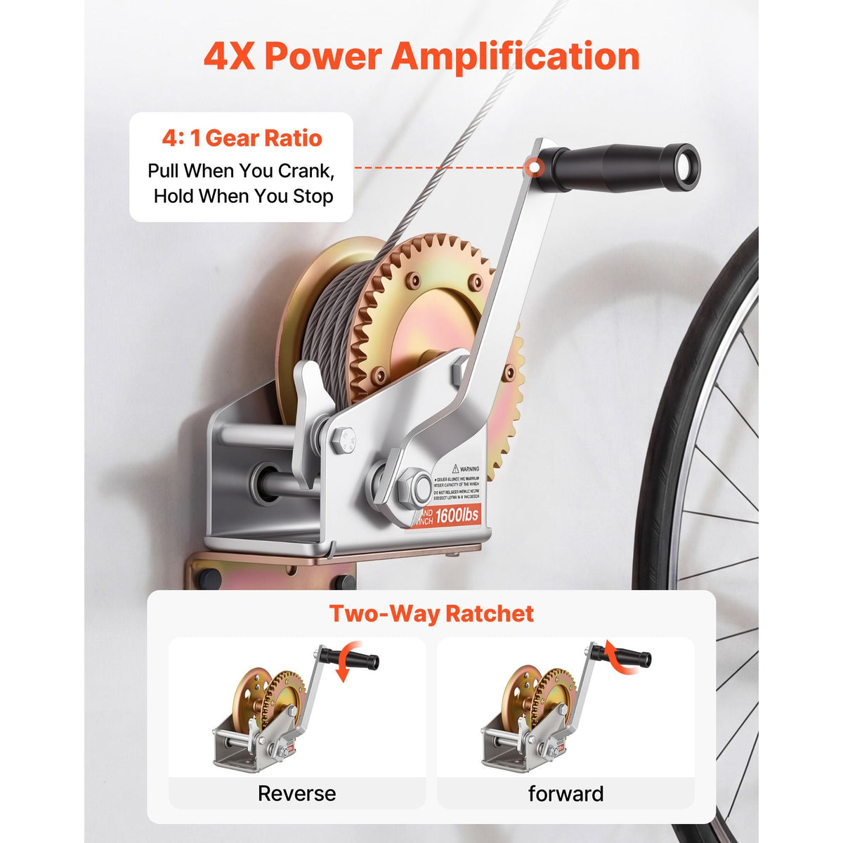 Boat Winch, 1600 lbs Hand Winch, Heavy Duty Manual Rope Crank, Portable Two-Way Ratchet, 4: 1 Gear Ratio, Easy Installation Gear for Boat Trailer ATV Towing