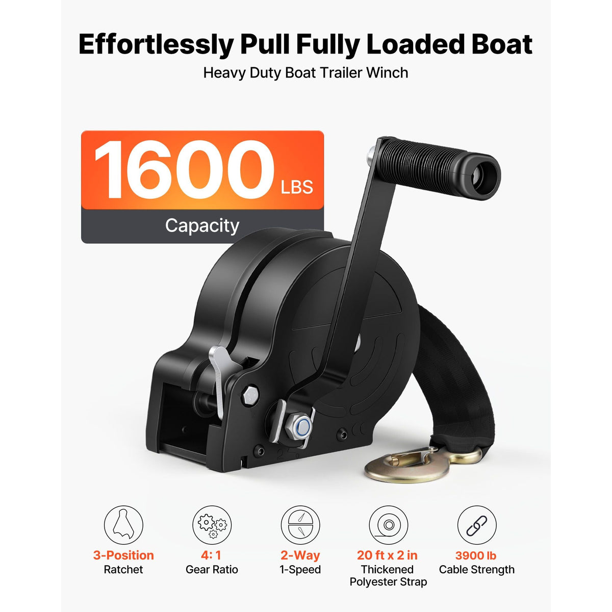 Boat Winch, 1600 lbs Hand Winch, Heavy Duty Manual Rope Crank with 20ft Orange Polyester Strap, Portable Two-Way Ratchet, 2 Speed Switchable, Anti-Slip Handle Gear for Boat Trailer ATV Towing