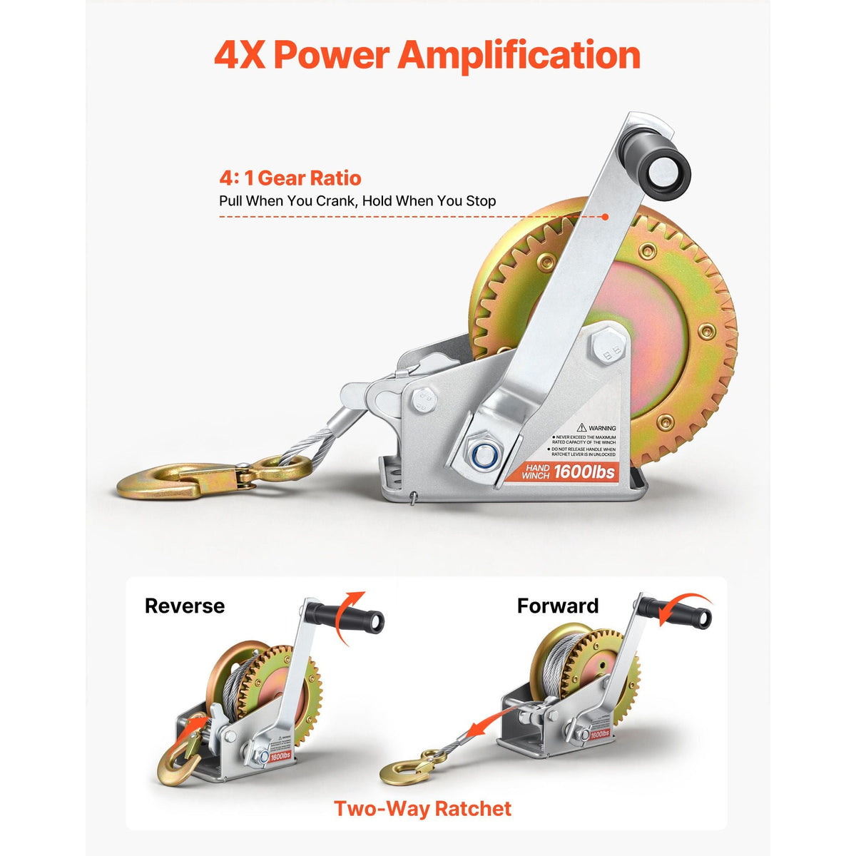 Boat Winch, 1600 lbs Hand Winch, Heavy Duty Manual Rope Crank with 32.8ft Steel Wire, Portable Two-Way Ratchet, Anti-Slip Handle, Easy Installation Gear for Boat Trailer ATV Towing