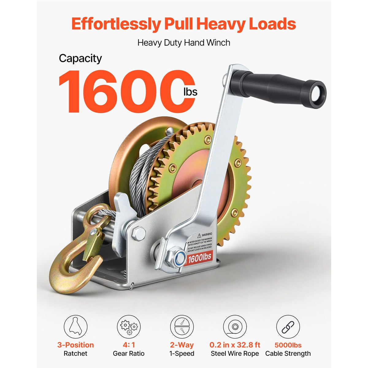 Boat Winch, 1600 lbs Hand Winch, Heavy Duty Manual Rope Crank with 32.8ft Steel Wire, Portable Two-Way Ratchet, Anti-Slip Handle, Easy Installation Gear for Boat Trailer ATV Towing