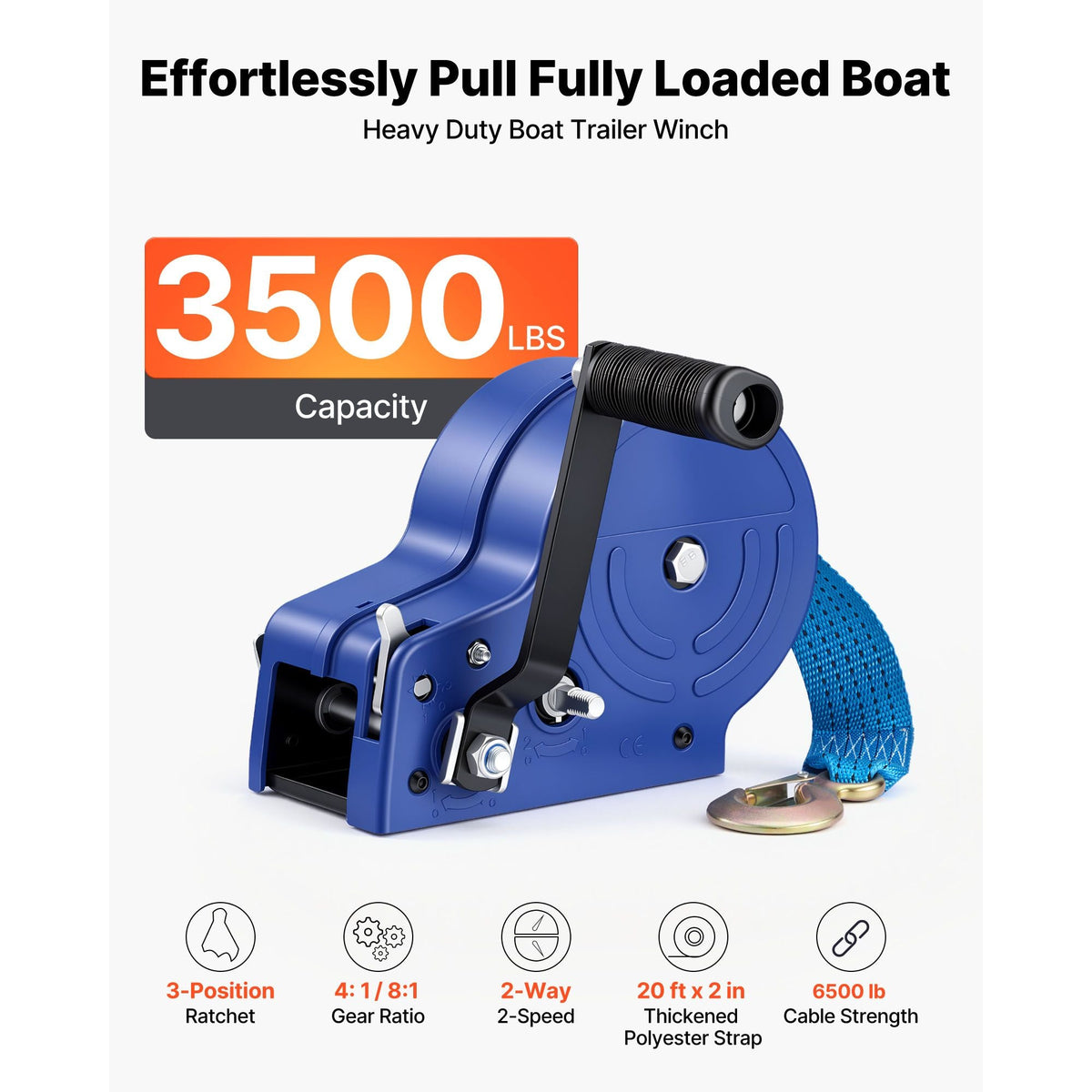 Boat Winch, 3500 lbs Hand Winch, Heavy Duty Manual Rope Crank with 20ft Gray-Black Polyester Strap, Portable Two-Way Ratchet, Anti-Slip Handle Gear for Boat Trailer ATV Towing