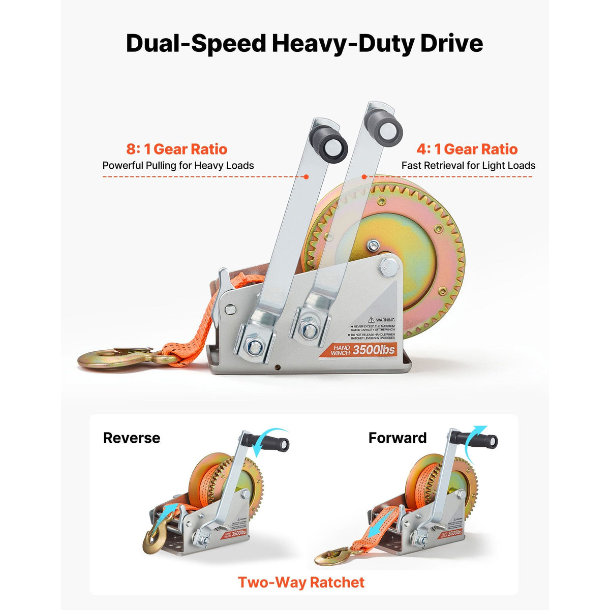 Boat Winch, 3500 lbs Hand Winch, Heavy Duty Manual Rope Crank with 20ft Orange Polyester Strap, Portable Two-Way Ratchet, 2 Speed Switchable, Anti-Slip Handle Gear for Boat Trailer ATV Towing
