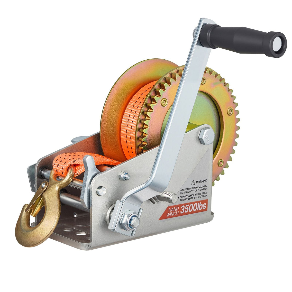 Boat Winch, 3500 lbs Hand Winch, Heavy Duty Manual Rope Crank with 20ft Orange Polyester Strap, Portable Two-Way Ratchet, 2 Speed Switchable, Anti-Slip Handle Gear for Boat Trailer ATV Towing