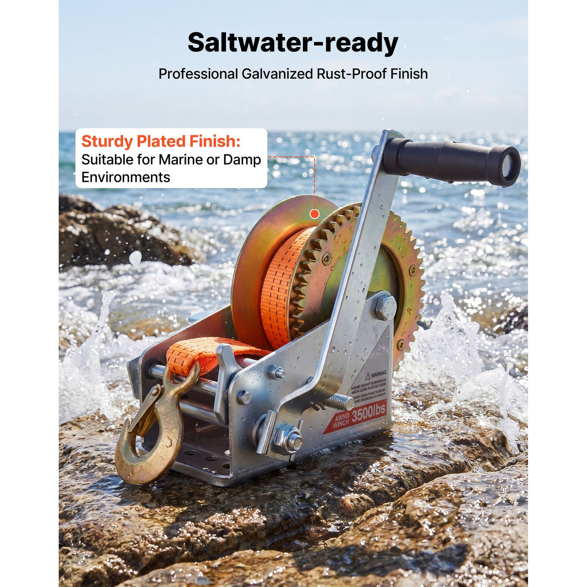 Boat Winch, 3500 lbs Hand Winch, Heavy Duty Manual Rope Crank with 20ft Orange Polyester Strap, Portable Two-Way Ratchet, 2 Speed Switchable, Anti-Slip Handle Gear for Boat Trailer ATV Towing