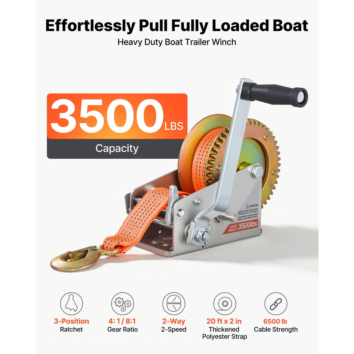 Boat Winch, 3500 lbs Hand Winch, Heavy Duty Manual Rope Crank with 20ft Orange Polyester Strap, Portable Two-Way Ratchet, 2 Speed Switchable, Anti-Slip Handle Gear for Boat Trailer ATV Towing