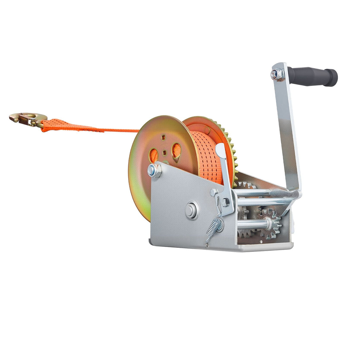 Boat Winch, 3500 lbs Hand Winch, Heavy Duty Manual Rope Crank with 20ft Orange Polyester Strap, Portable Two-Way Ratchet, 2 Speed Switchable, Anti-Slip Handle Gear for Boat Trailer ATV Towing
