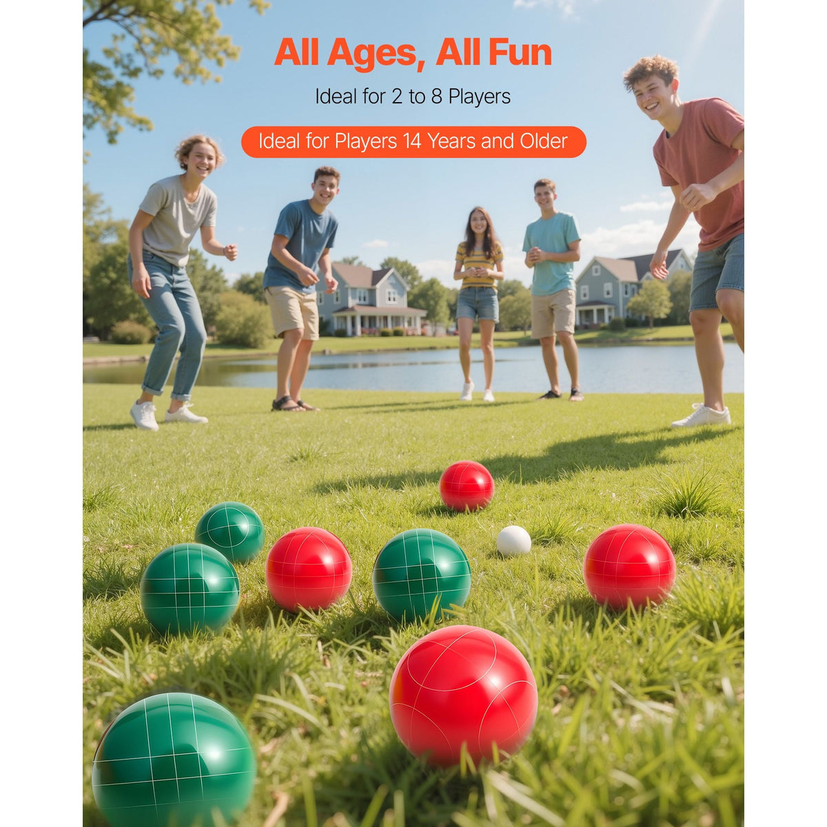 Bocce Ball Set, 107 mm, with 8 Resin Balls, Pallino, Carrying Bag and Measuring Rope, Red and Green 2 Colors, for 2 to 8 Players, Bocce Ball Game Set for Beach, Lawn, Family Backyard, Outdoor