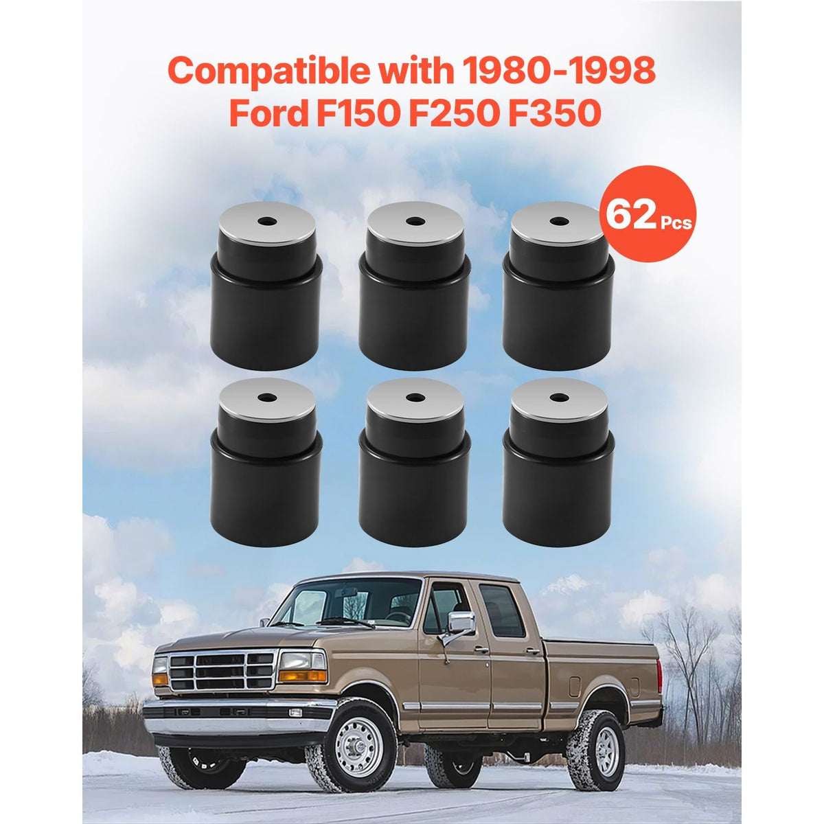 Body Mount Bushing Kit, Compatible with 1980-1998 Ford F150 F250 F350, 62 PCS Polyurethane Body Mount Kit, Quick Replacement, Durable Components for Improving Bumpy Driving Performance, Black