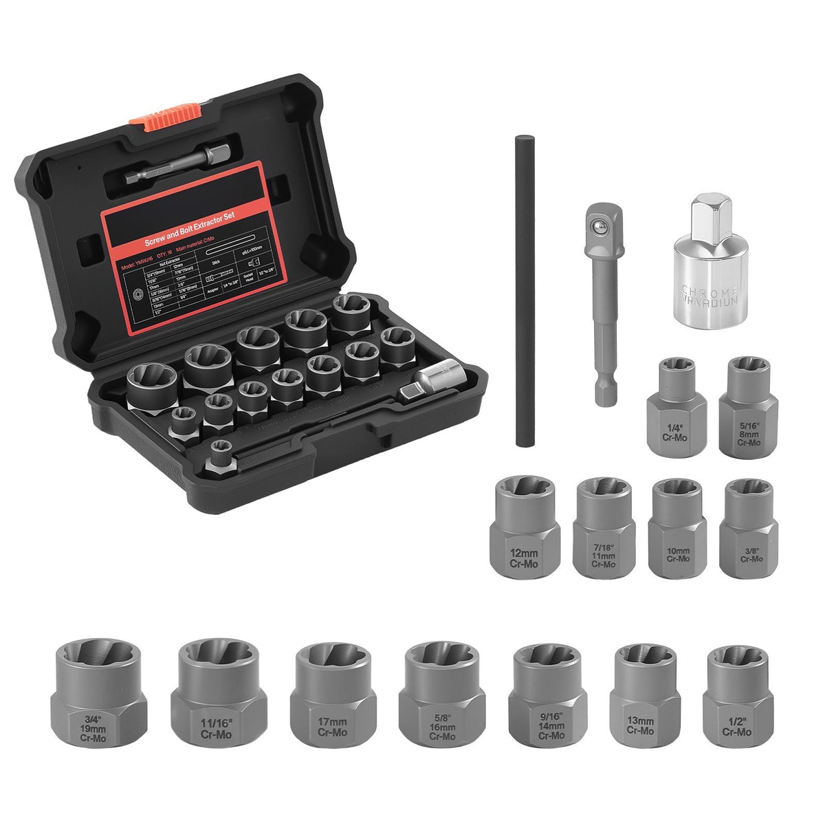 Bolt Extractor Kit, 16 Pieces Impact Bolt & Nut Remover Set with Adapters and Pin Punch, Solid Storage Case, Cr-Mo Steel for Removing Damaged, Rusted, Stripped, Rounded Bolts, Nuts and Screws