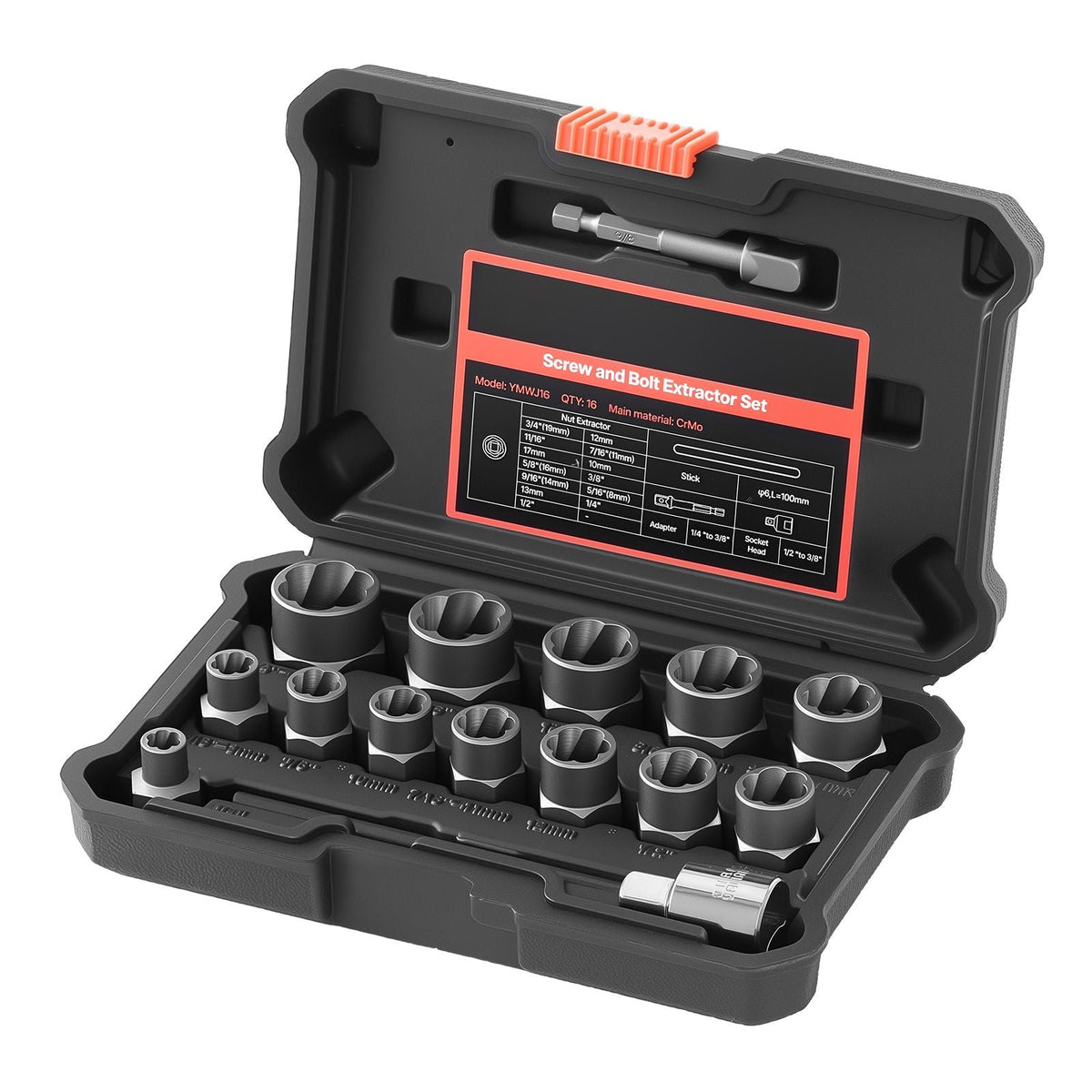 Bolt Extractor Kit, 16 Pieces Impact Bolt & Nut Remover Set with Adapters and Pin Punch, Solid Storage Case, Cr-Mo Steel for Removing Damaged, Rusted, Stripped, Rounded Bolts, Nuts and Screws