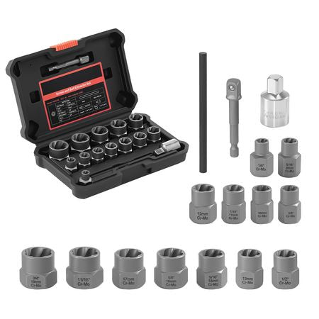 Bolt Extractor Kit, 16 Pieces Impact Bolt & Nut Remover Set with Adapters and Pin Punch, Solid Storage Case, Cr-Mo Steel for Removing Damaged, Rusted, Stripped, Rounded Bolts, Nuts and Screws