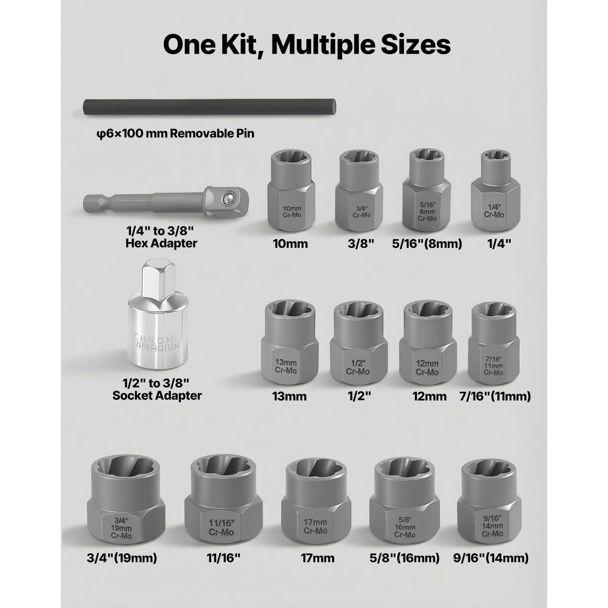 Bolt Extractor Kit, 16 Pieces Impact Bolt & Nut Remover Set with Adapters and Pin Punch, Solid Storage Case, Cr-Mo Steel for Removing Damaged, Rusted, Stripped, Rounded Bolts, Nuts and Screws