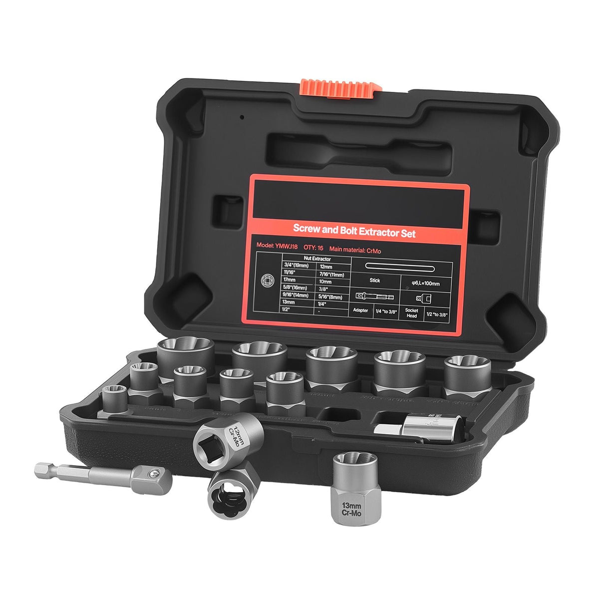 Bolt Extractor Kit, 16 Pieces Impact Bolt & Nut Remover Set with Adapters and Pin Punch, Solid Storage Case, Cr-Mo Steel for Removing Damaged, Rusted, Stripped, Rounded Bolts, Nuts and Screws