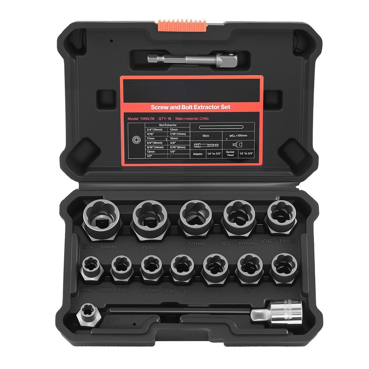 Bolt Extractor Kit, 16 Pieces Impact Bolt & Nut Remover Set with Adapters and Pin Punch, Solid Storage Case, Cr-Mo Steel for Removing Damaged, Rusted, Stripped, Rounded Bolts, Nuts and Screws