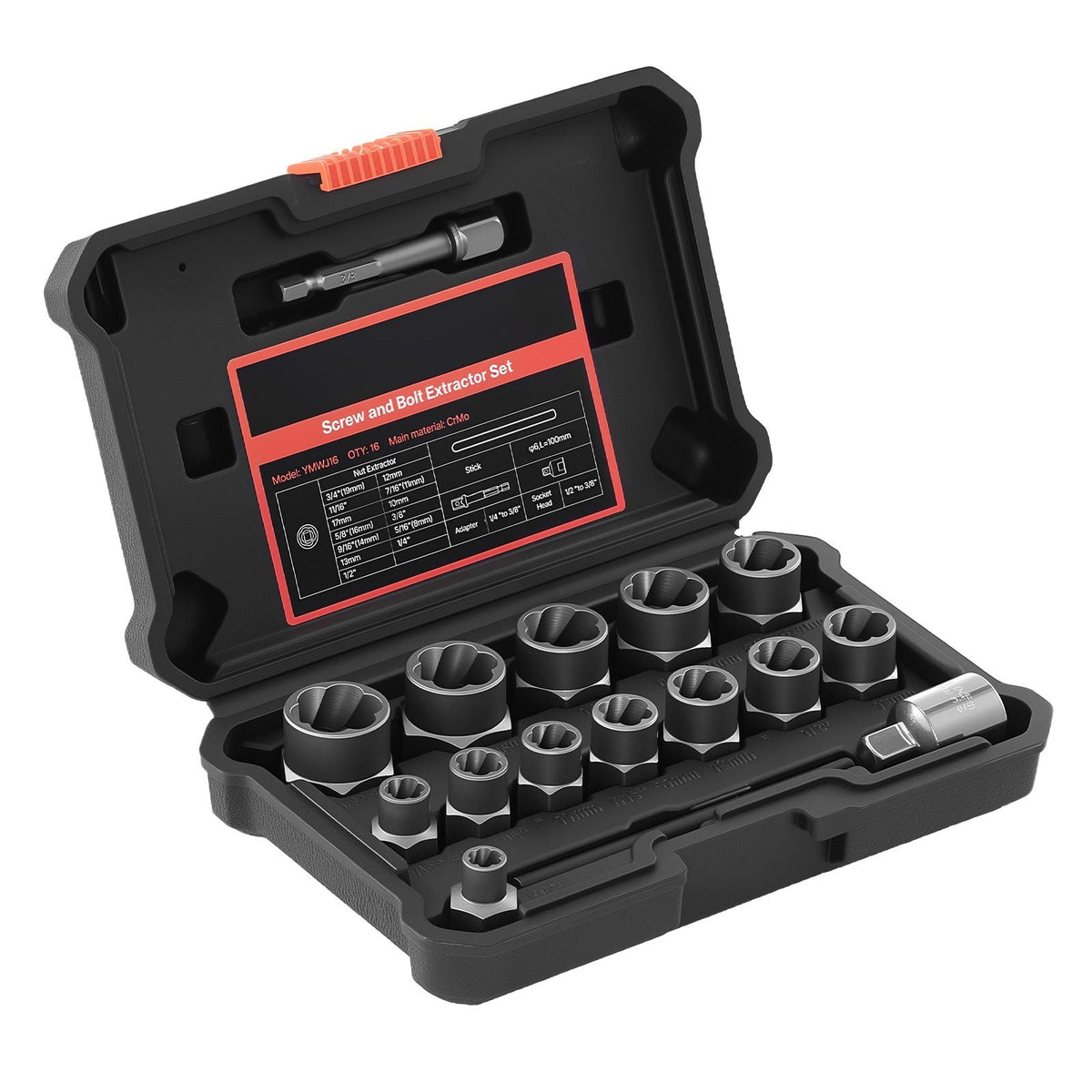 Bolt Extractor Kit, 16 Pieces Impact Bolt & Nut Remover Set with Adapters and Pin Punch, Solid Storage Case, Cr-Mo Steel for Removing Damaged, Rusted, Stripped, Rounded Bolts, Nuts and Screws