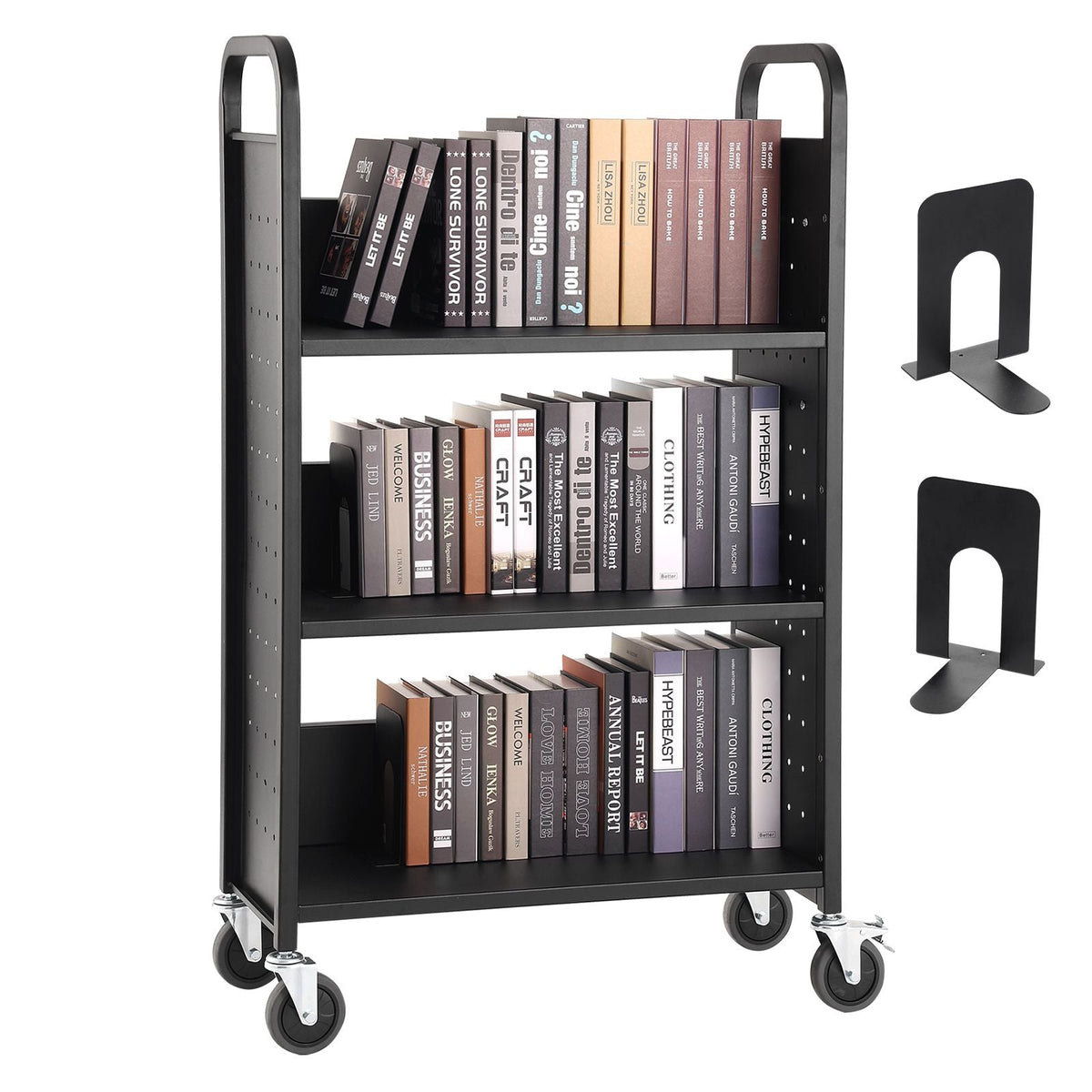 Book Cart, 330 lbs Library Cart, 31.1" x 15.2" x 49.2" Rolling Book Cart, Single Sided L-Shaped Flat Shelves with 4-Inch Lockable Wheels for Home Shelves Office and School, Book Truck in Black