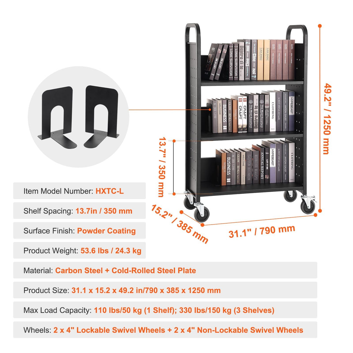 Book Cart, 330 lbs Library Cart, 31.1" x 15.2" x 49.2" Rolling Book Cart, Single Sided L-Shaped Flat Shelves with 4-Inch Lockable Wheels for Home Shelves Office and School, Book Truck in Black