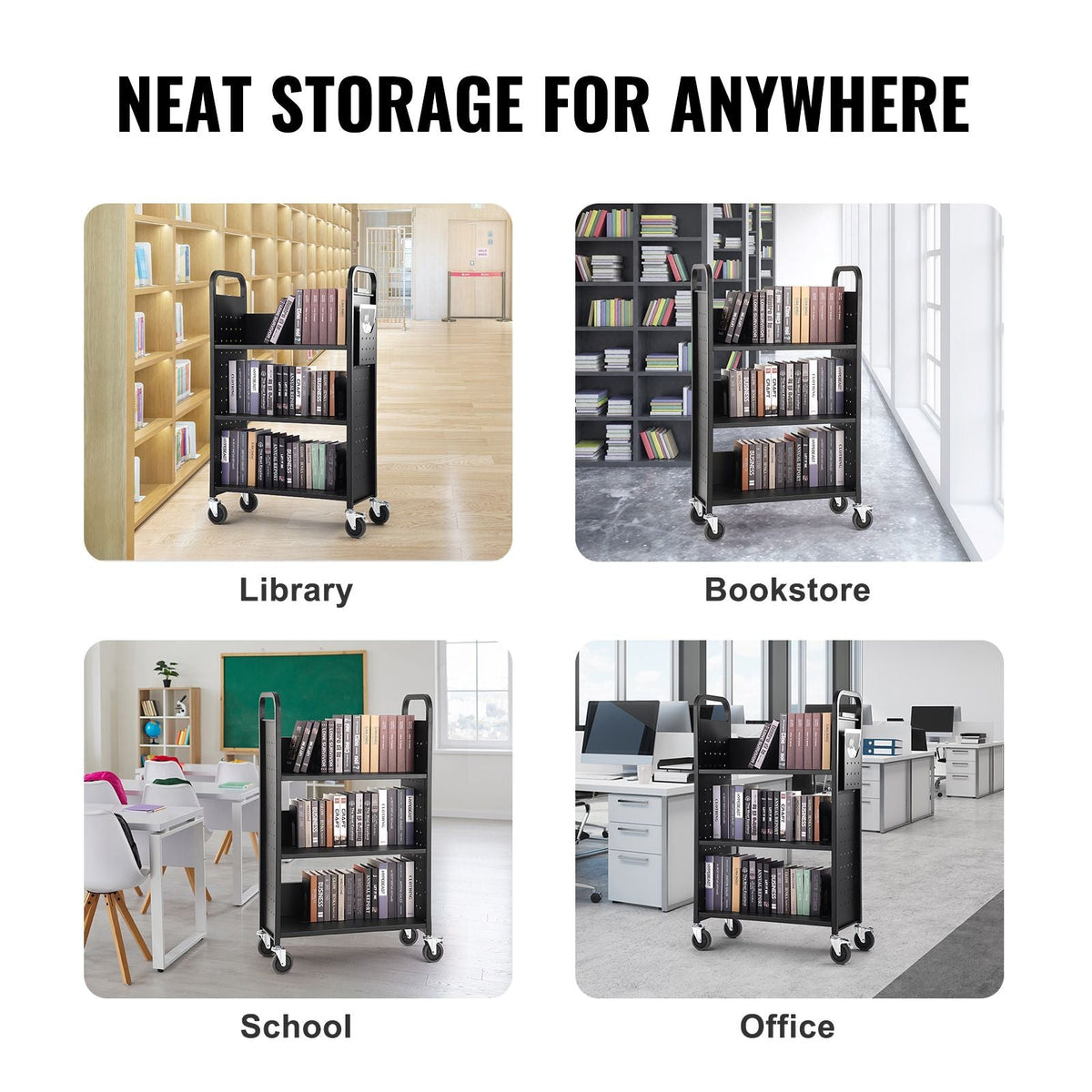 Book Cart, 330 lbs Library Cart, 31.1" x 15.2" x 49.2" Rolling Book Cart, Single Sided L-Shaped Flat Shelves with 4-Inch Lockable Wheels for Home Shelves Office and School, Book Truck in Black