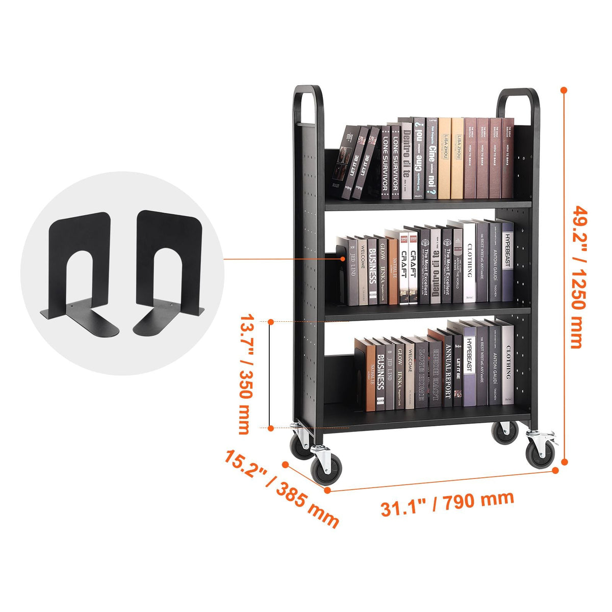 Book Cart, 330 lbs Library Cart, 31.1" x 15.2" x 49.2" Rolling Book Cart, Single Sided L-Shaped Flat Shelves with 4-Inch Lockable Wheels for Home Shelves Office and School, Book Truck in Black
