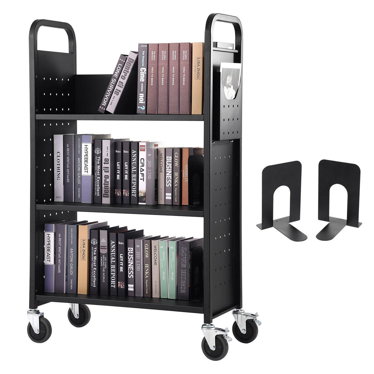 Book Cart, 330 lbs Library Cart, 31.1" x 15.2" x 49.2" Rolling Book Cart, Single Sided L-Shaped Flat Shelves with 4-Inch Lockable Wheels for Home Shelves Office and School, Book Truck in Black