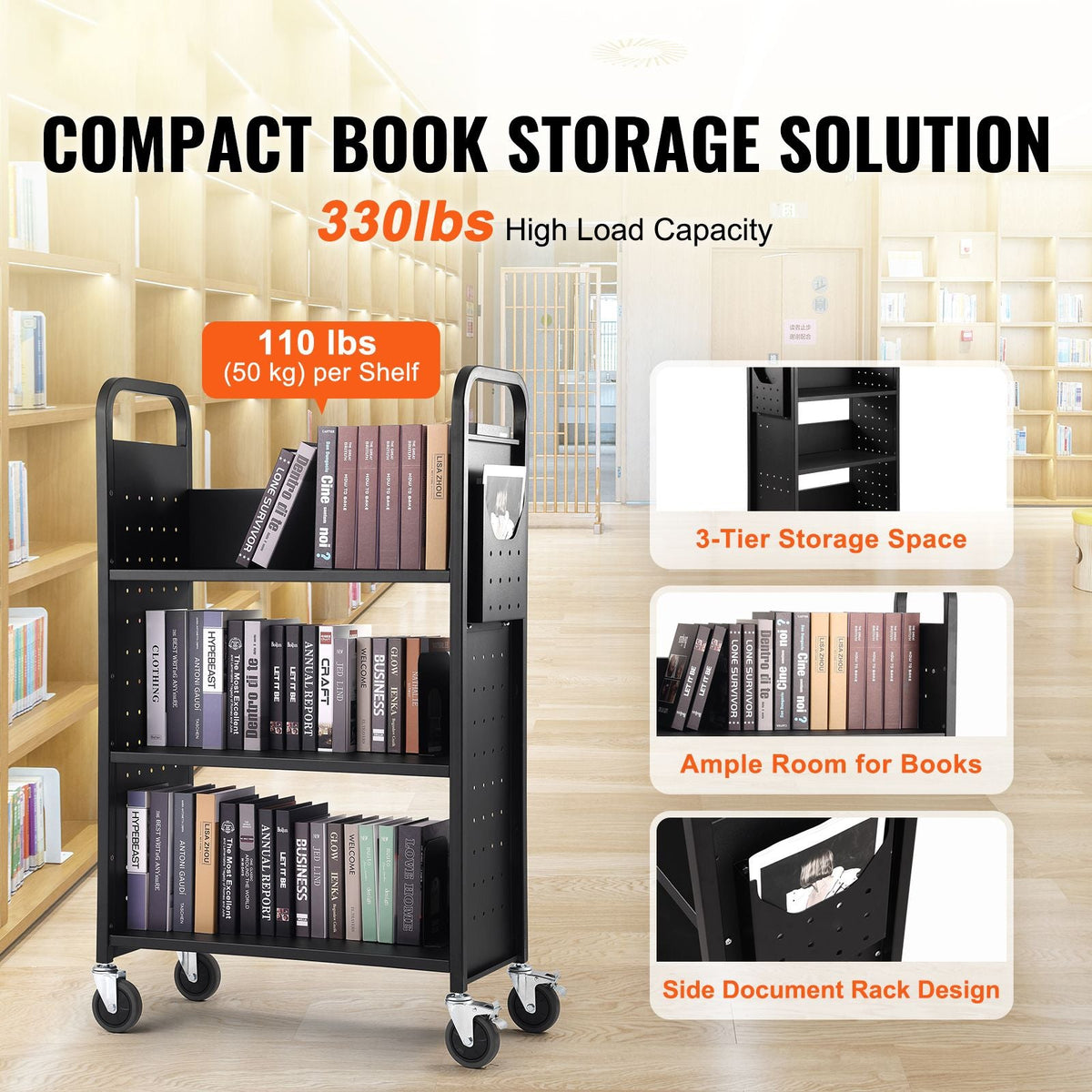 Book Cart, 330 lbs Library Cart, 31.1" x 15.2" x 49.2" Rolling Book Cart, Single Sided L-Shaped Flat Shelves with 4-Inch Lockable Wheels for Home Shelves Office and School, Book Truck in Black