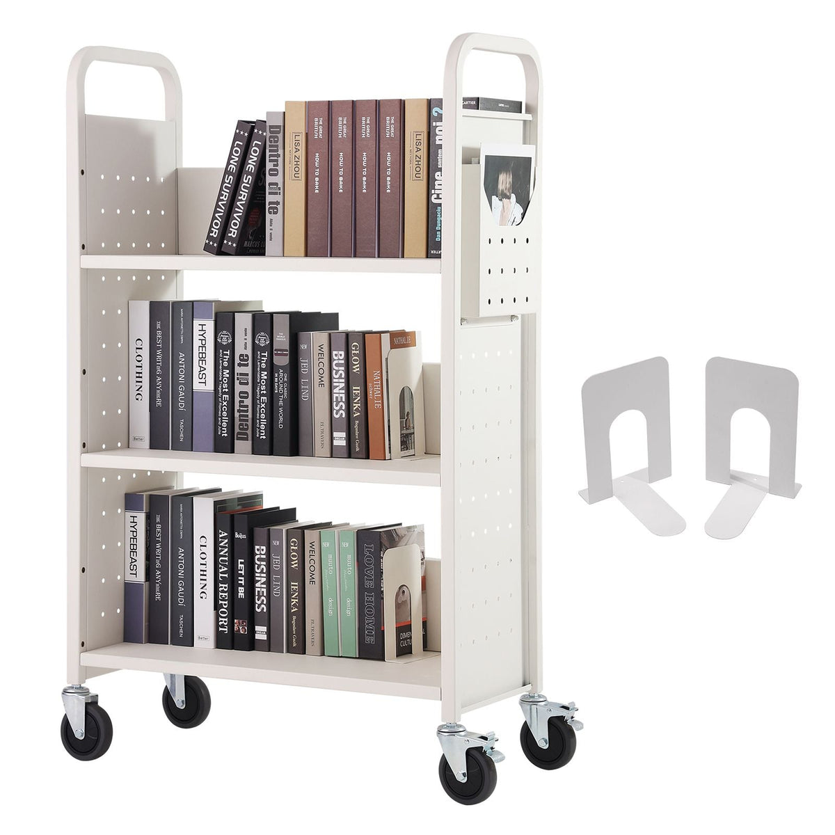 Book Cart, 330 lbs Library Cart, 31.1" x 15.2" x 49.2" Rolling Book Cart, Single Sided L-Shaped Flat Shelves with 4-Inch Lockable Wheels for Home Shelves Office and School, Book Truck in White