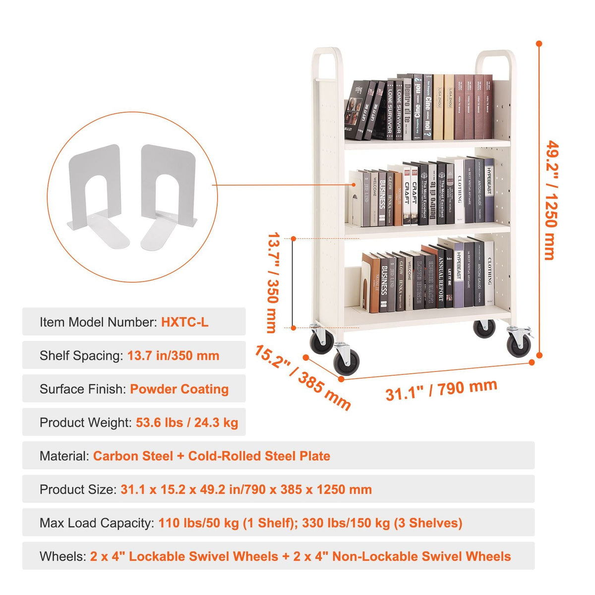 Book Cart, 330 lbs Library Cart, 31.1" x 15.2" x 49.2" Rolling Book Cart, Single Sided L-Shaped Flat Shelves with 4-Inch Lockable Wheels for Home Shelves Office and School, Book Truck in White