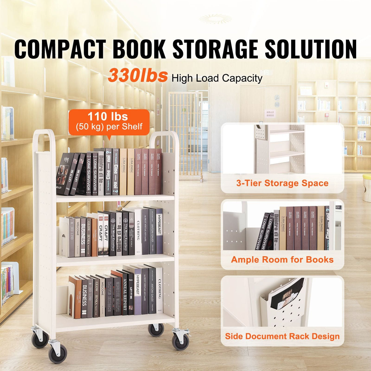 Book Cart, 330 lbs Library Cart, 31.1" x 15.2" x 49.2" Rolling Book Cart, Single Sided L-Shaped Flat Shelves with 4-Inch Lockable Wheels for Home Shelves Office and School, Book Truck in White