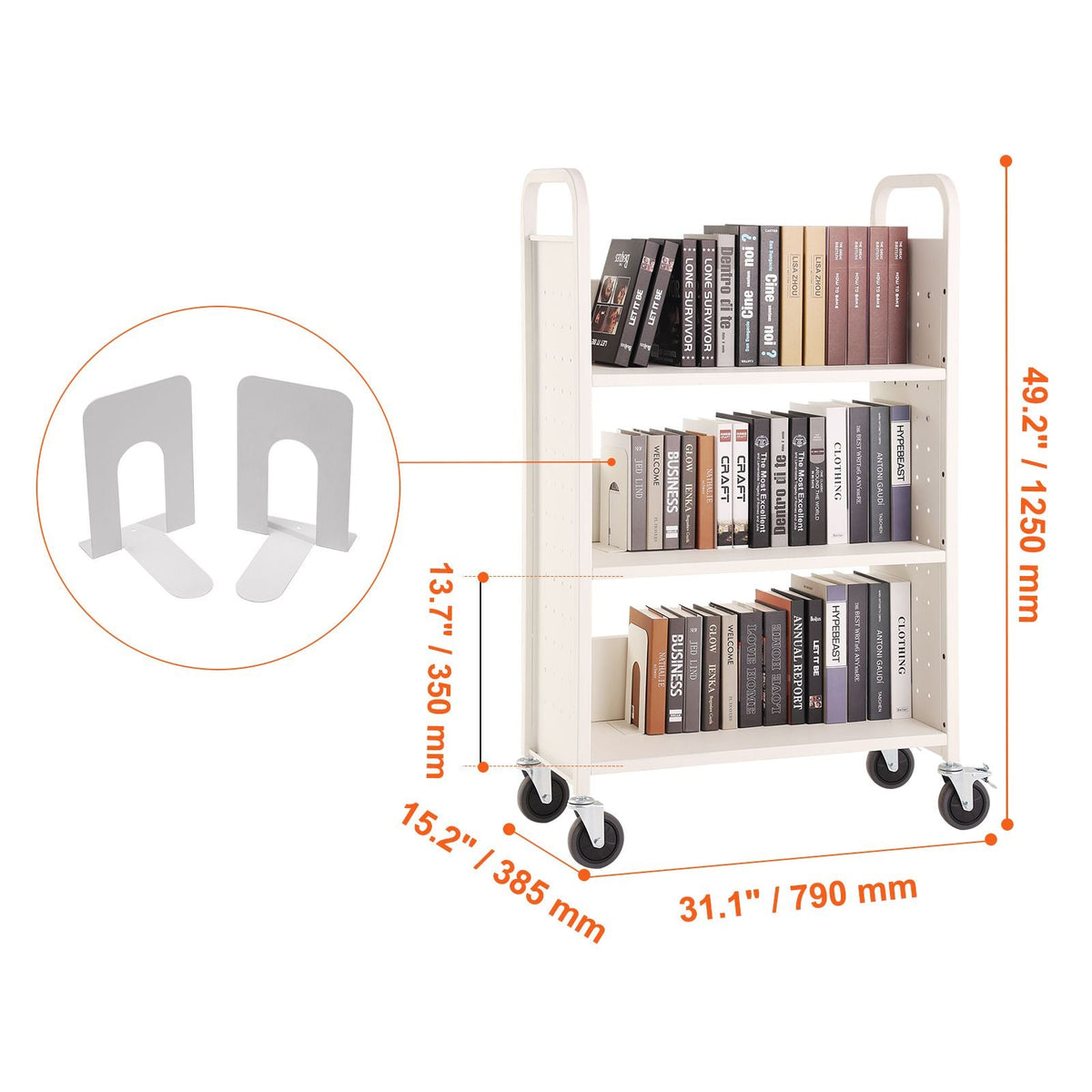 Book Cart, 330 lbs Library Cart, 31.1" x 15.2" x 49.2" Rolling Book Cart, Single Sided L-Shaped Flat Shelves with 4-Inch Lockable Wheels for Home Shelves Office and School, Book Truck in White