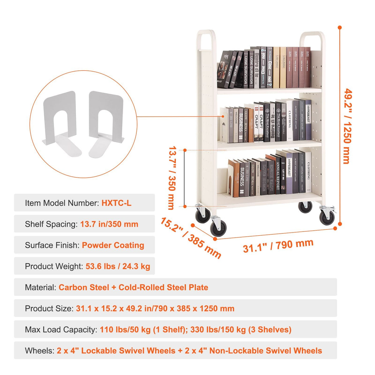 Book Cart, 330 lbs Library Cart, 31.1" x 15.2" x 49.2" Rolling Book Cart, Single Sided L-Shaped Flat Shelves with 4-Inch Lockable Wheels for Home Shelves Office and School, Book Truck in White