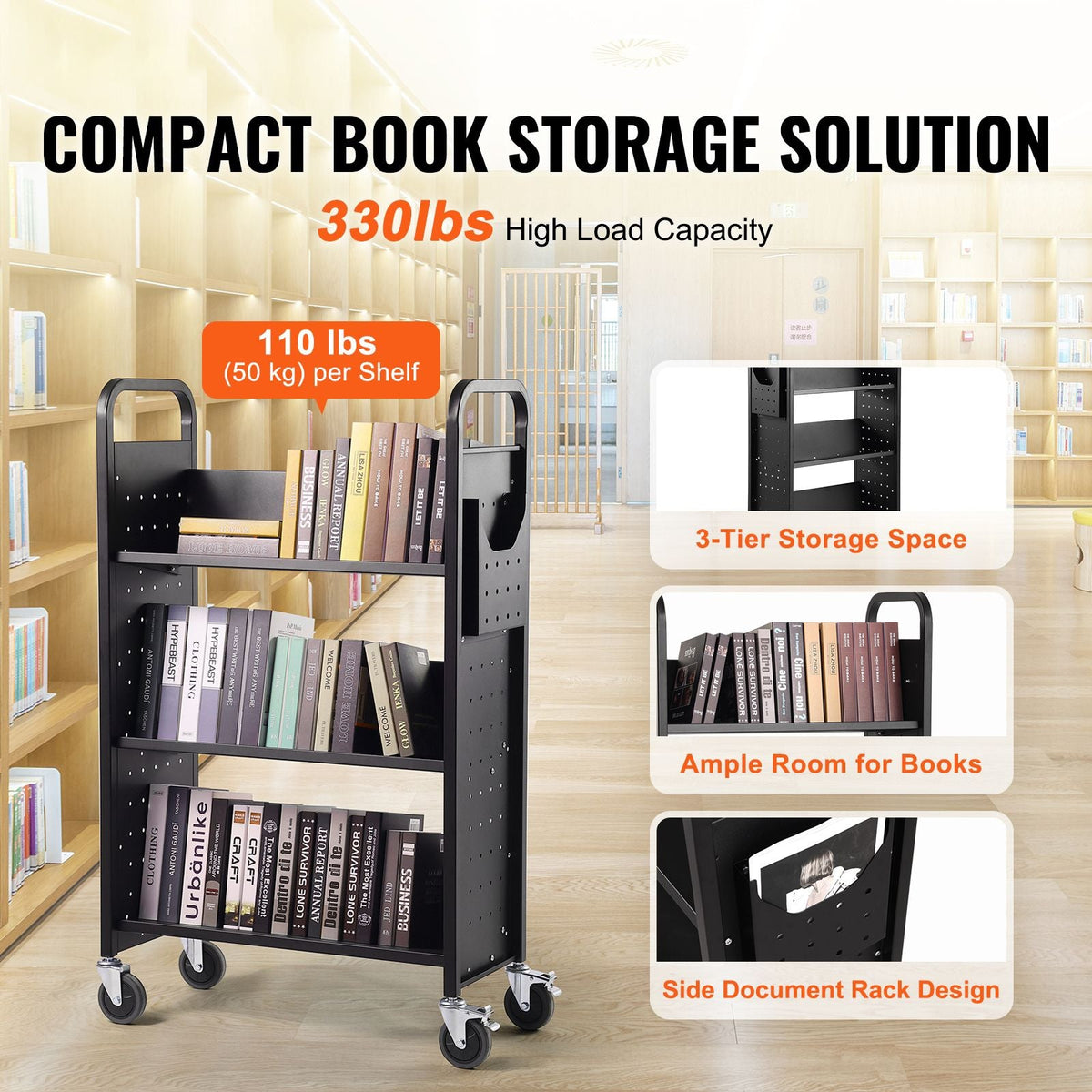 Book Cart, 330 lbs Library Cart, 31.1" x 15.2" x 49.2" Rolling Book Cart, Single Sided V-Shaped Sloped Shelves with 4-Inch Lockable Wheels for Home Shelves Office and School, Book Truck in Black