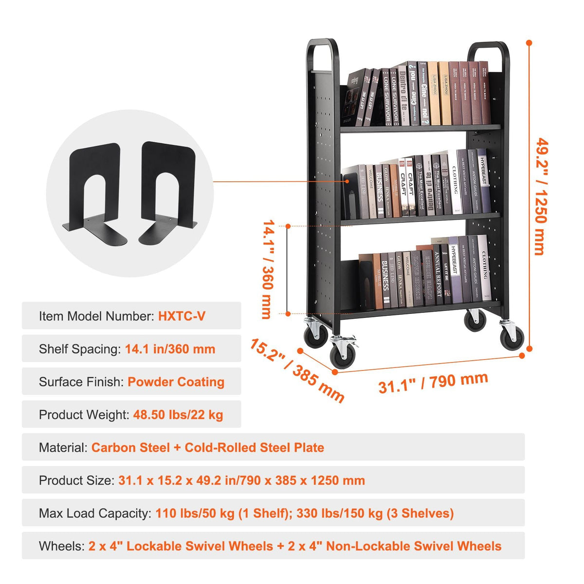 Book Cart, 330 lbs Library Cart, 31.1" x 15.2" x 49.2" Rolling Book Cart, Single Sided V-Shaped Sloped Shelves with 4-Inch Lockable Wheels for Home Shelves Office and School, Book Truck in Black