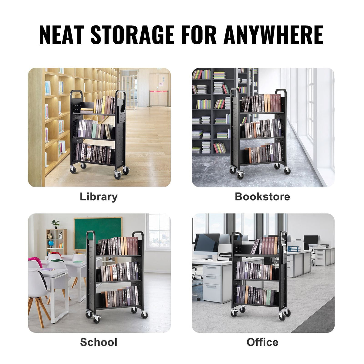 Book Cart, 330 lbs Library Cart, 31.1" x 15.2" x 49.2" Rolling Book Cart, Single Sided V-Shaped Sloped Shelves with 4-Inch Lockable Wheels for Home Shelves Office and School, Book Truck in Black