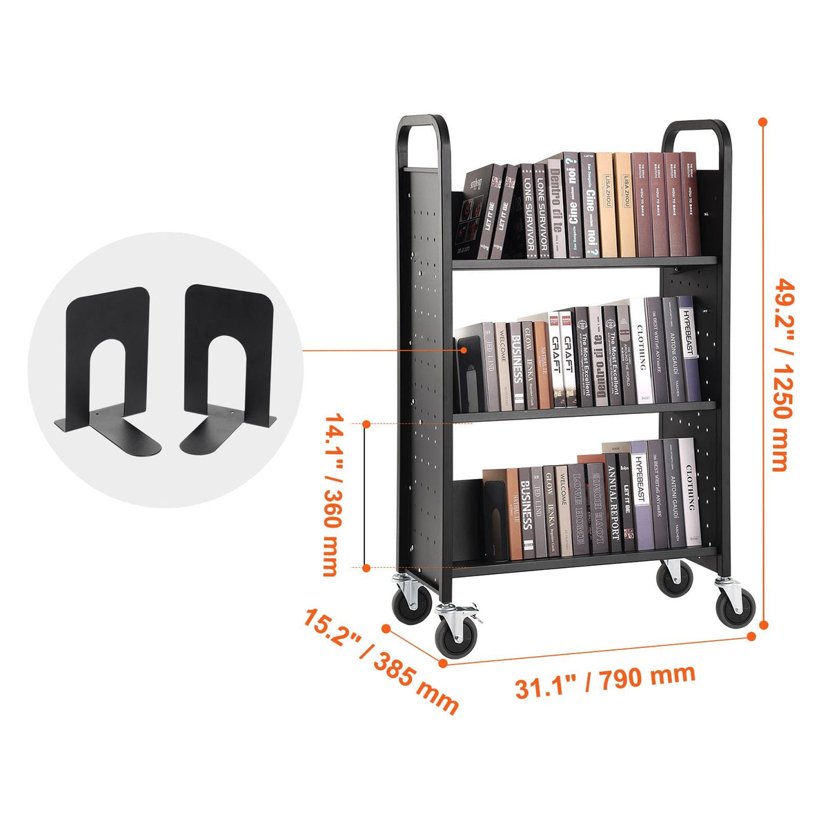 Book Cart, 330 lbs Library Cart, 31.1" x 15.2" x 49.2" Rolling Book Cart, Single Sided V-Shaped Sloped Shelves with 4-Inch Lockable Wheels for Home Shelves Office and School, Book Truck in Black