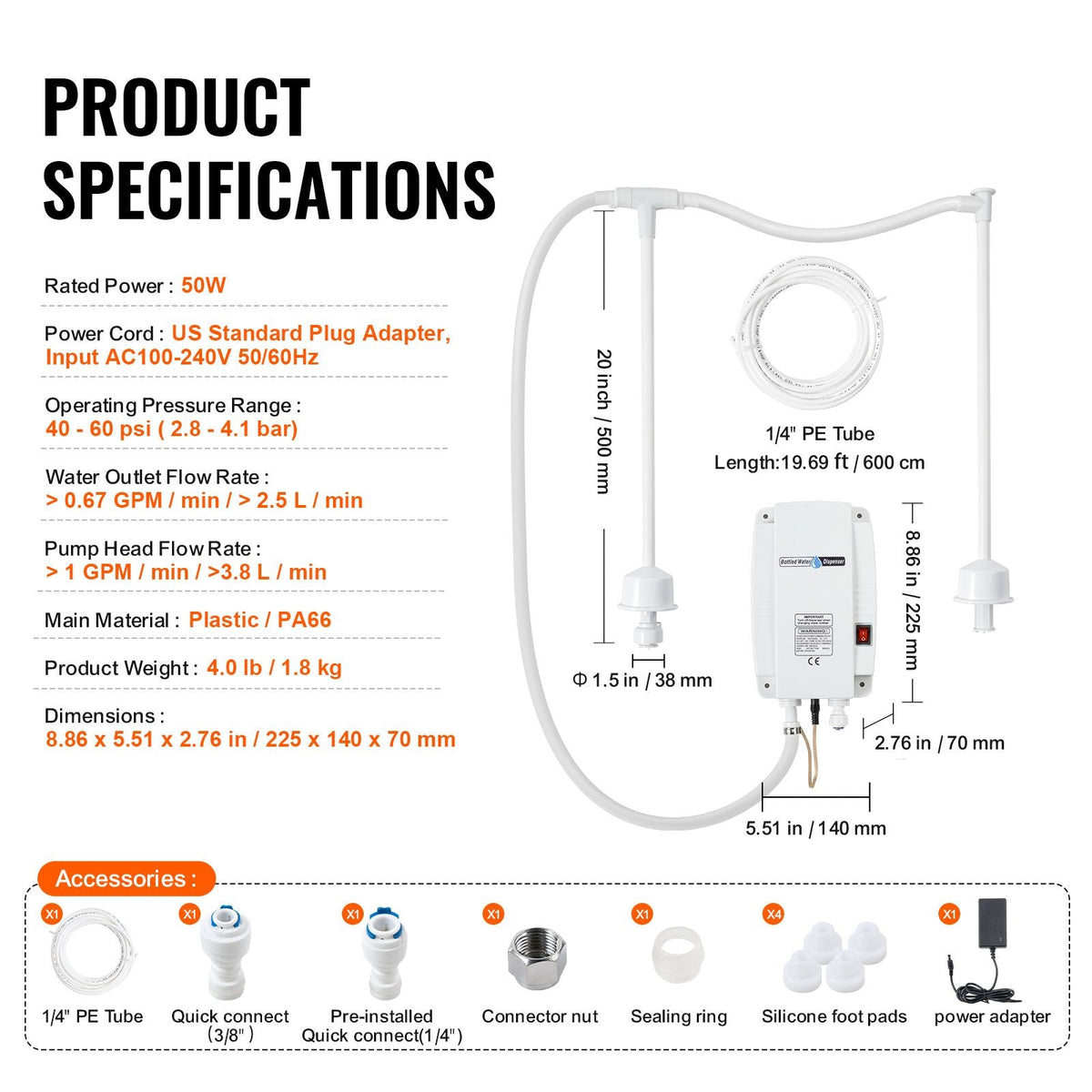 Bottled Water Dispenser Pump System, 2x5 Gallon Dispensing System, Automatic Electric Water Dispenser, Double-Pipe Water Jug Pump, Compatible Use with Coffee/Tea Machine, Refrigerator, Ice Maker