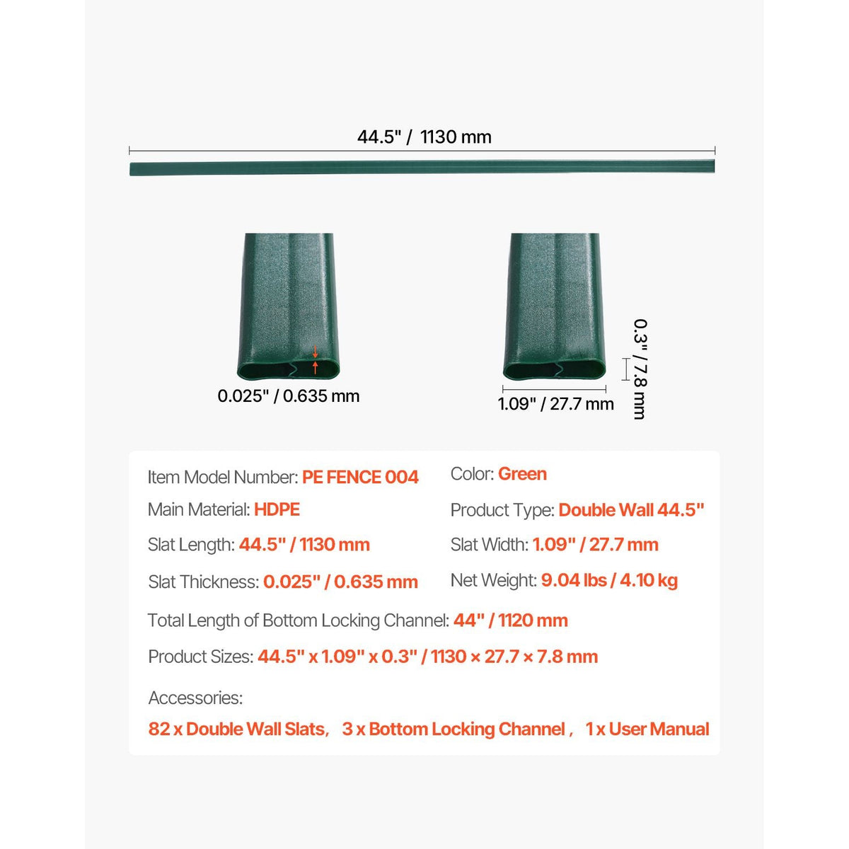Bottom Locking Privacy Slats, Double-Wall Vertical Bottom-Locking Slats for Chain-Link Fence, High-Density HDPE Chain Link Slats Ideally Fit 4' High Fence for Garden, Farm, Sports Field(Green)
