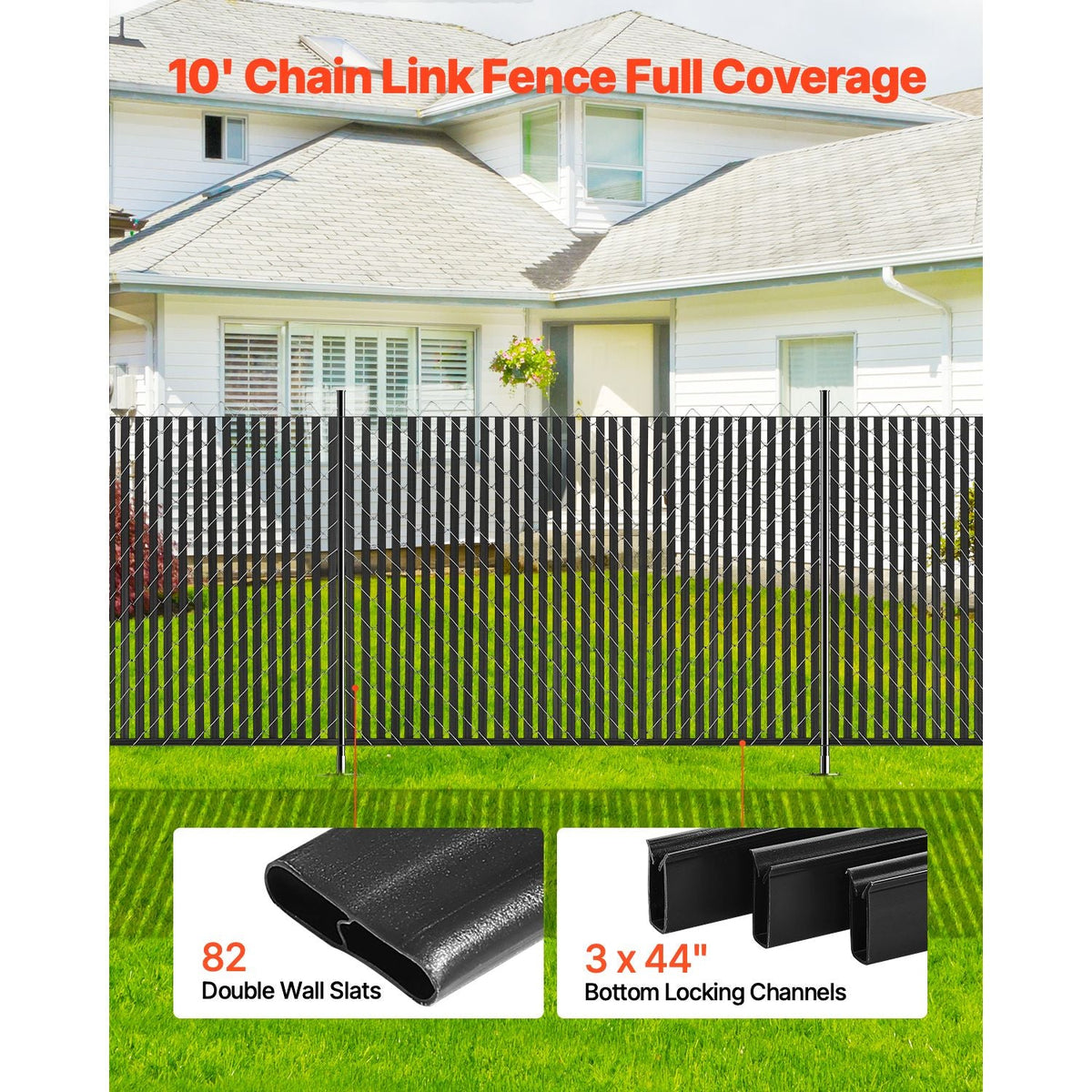Bottom Locking Privacy Slats, Double-Wall Vertical Bottom-Locking Slats for Chain-Link Fence, High-Density HDPE Chain Link Slats Ideally Fit 6' High Fence for Garden, Farm, Sports Field(Black)