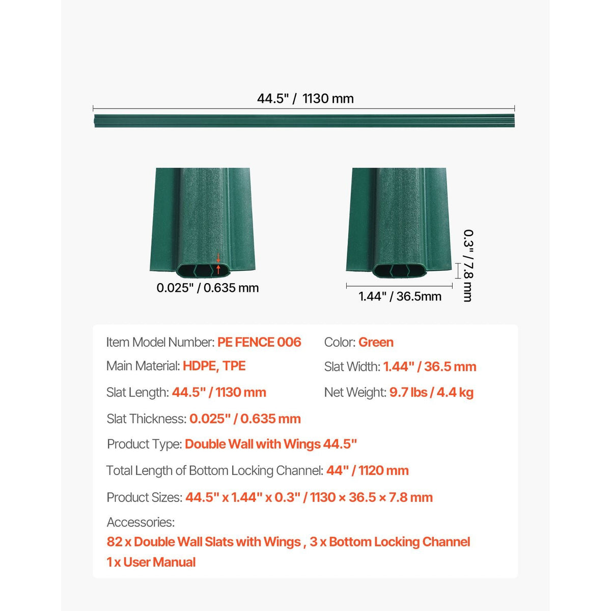 Bottom Locking Privacy Slats, Double-Wall Vertical Bottom-Locking Slats with Wings for Chain-Link Fence, High-Density HDPE Chain Link Slats Ideally Fit 4' High Fence for Garden and Farm(Green)