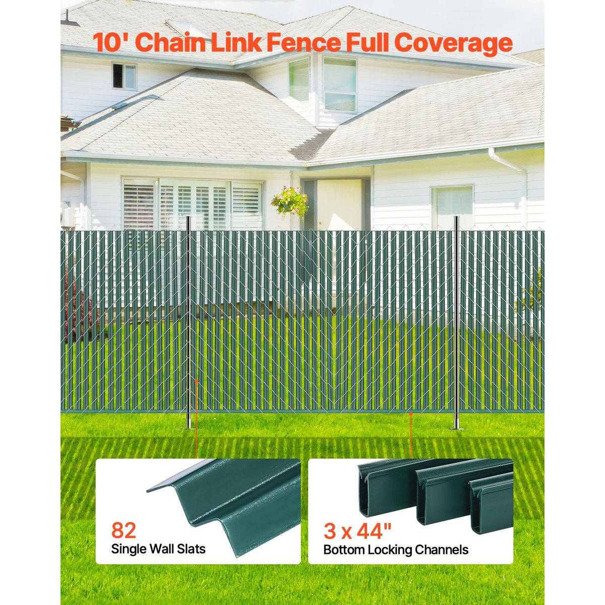 Bottom Locking Privacy Slats, Single-Wall Vertical Bottom-Locking Slats for Chain-Link Fence, High-Density HDPE Chain Link Slats Ideally Fit 5' High Fence for Garden, Farm, Sports Field(Green)