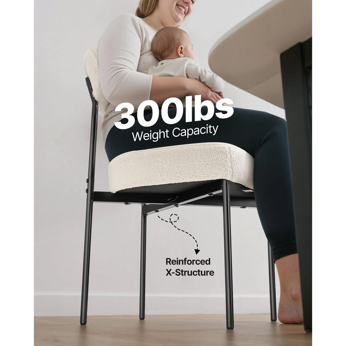 Boucle Dining Chairs Set of 2, Mid Century Modern Sherpa Accent Chairs, Upholstered Side Chair for Dining Table, Space-Saving White Kitchen Table Chair with Curved Backrest and Black Metal Legs