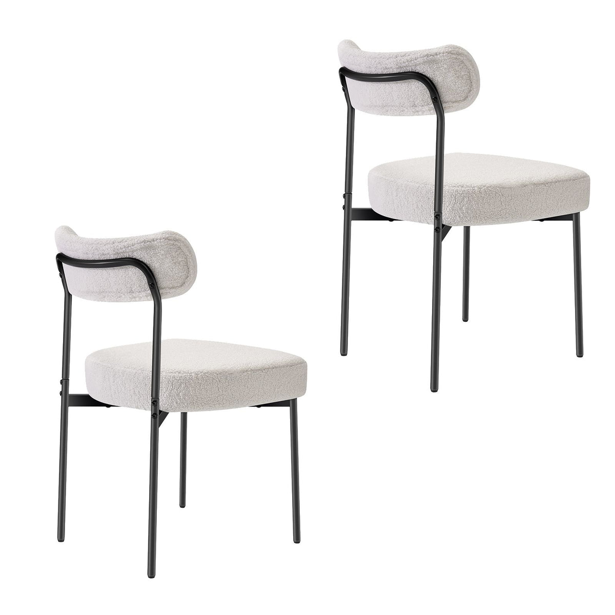 Boucle Dining Chairs Set of 2, Mid Century Modern Sherpa Accent Chairs, Upholstered Side Chair for Dining Table, Space-Saving White Kitchen Table Chair with Curved Backrest and Black Metal Legs