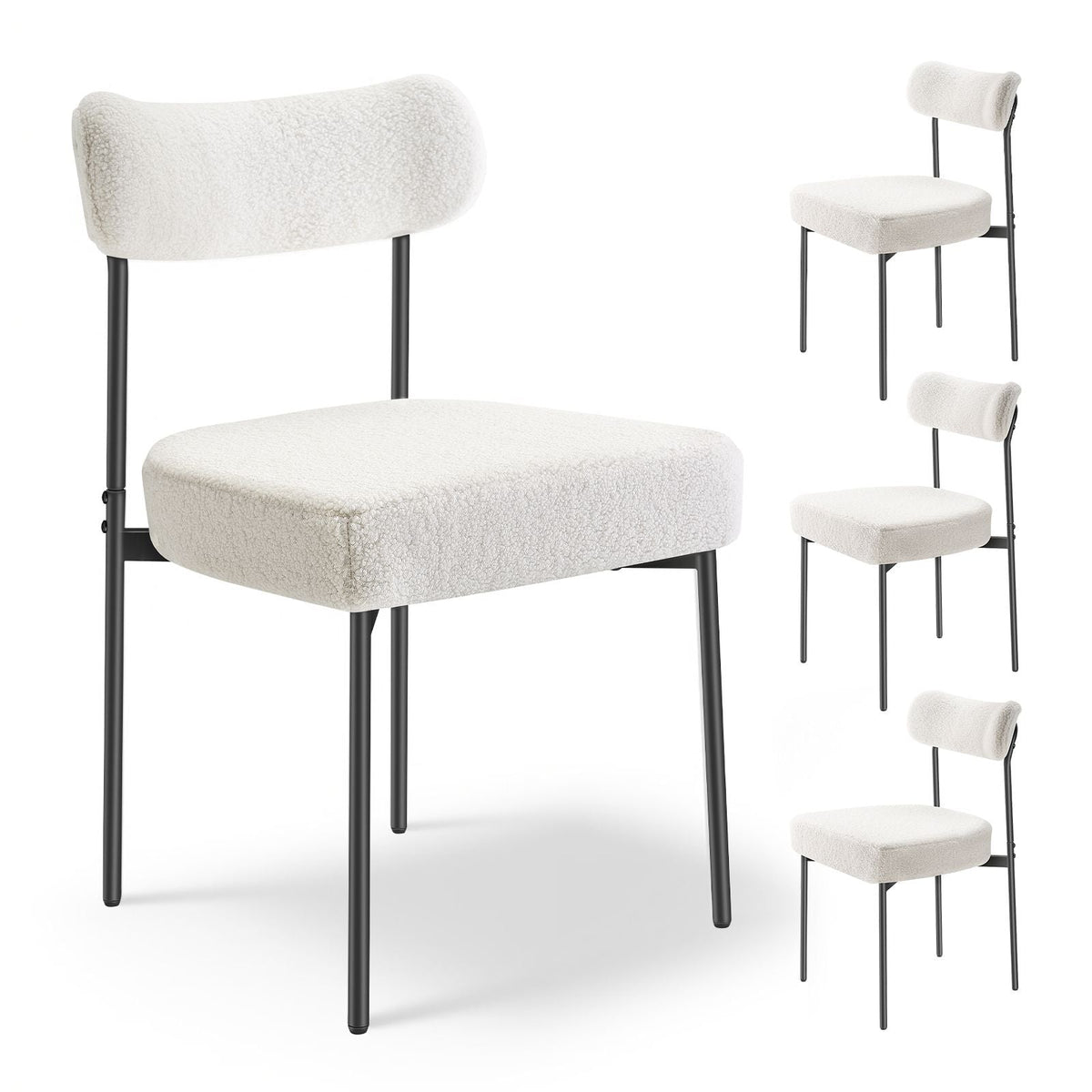 Boucle Dining Chairs Set of 4, Mid Century Modern Sherpa Accent Chairs, Upholstered Side Chair for Dining Table, Space-Saving White Kitchen Table Chair with Curved Backrest and Black Metal Legs