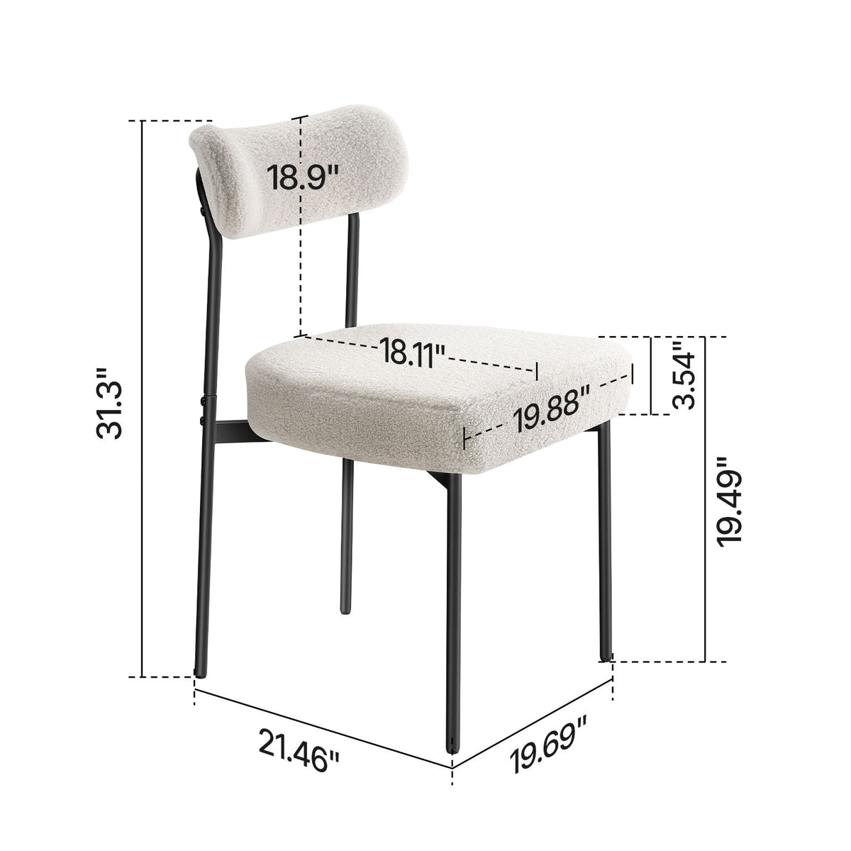 Boucle Dining Chairs Set of 4, Mid Century Modern Sherpa Accent Chairs, Upholstered Side Chair for Dining Table, Space-Saving White Kitchen Table Chair with Curved Backrest and Black Metal Legs