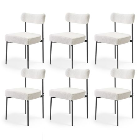 Boucle Dining Chairs Set of 6, Mid Century Modern Sherpa Accent Chairs, Upholstered Side Chair for Dining Table, Space-Saving White Kitchen Table Chair with Curved Backrest and Black Metal Legs