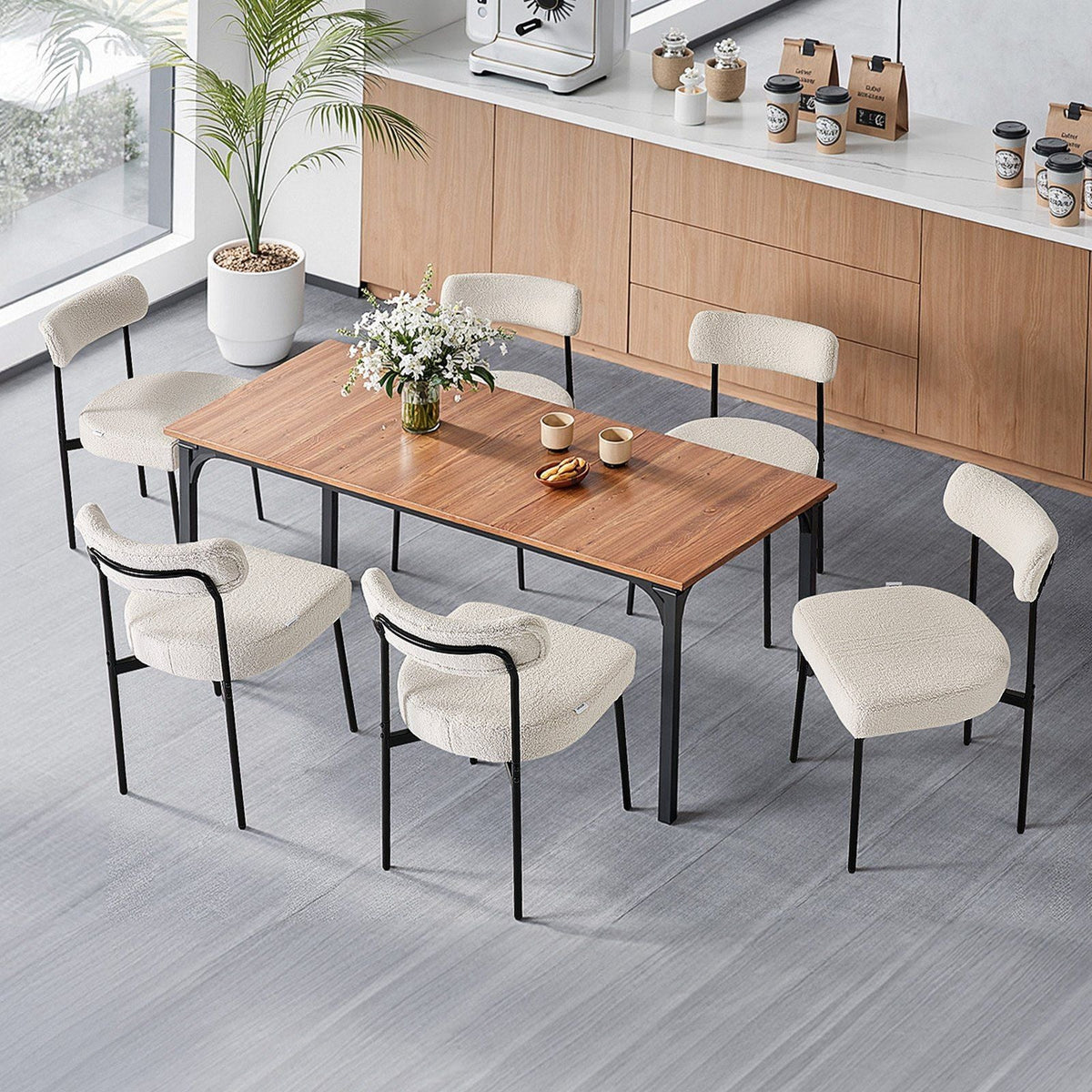Boucle Dining Chairs Set of 6, Mid Century Modern Sherpa Accent Chairs, Upholstered Side Chair for Dining Table, Space-Saving White Kitchen Table Chair with Curved Backrest and Black Metal Legs