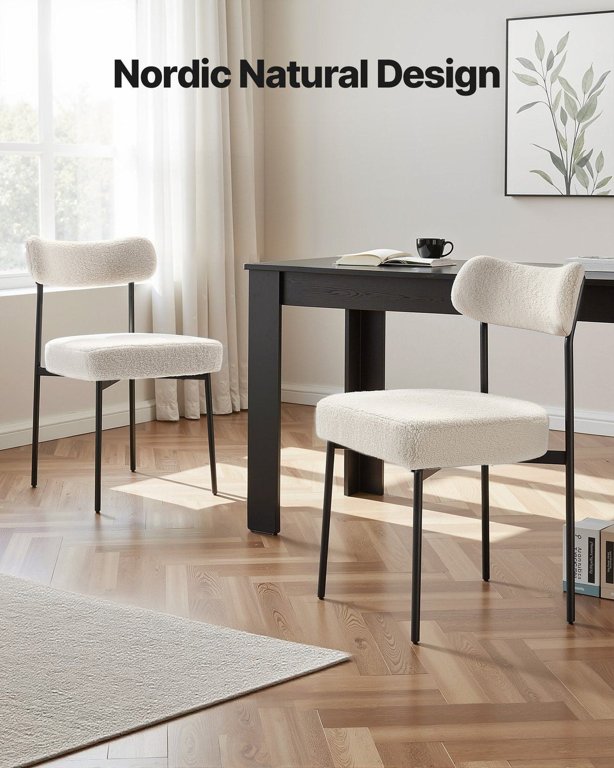 Boucle Dining Chairs Set of 6, Mid Century Modern Sherpa Accent Chairs, Upholstered Side Chair for Dining Table, Space-Saving White Kitchen Table Chair with Curved Backrest and Black Metal Legs